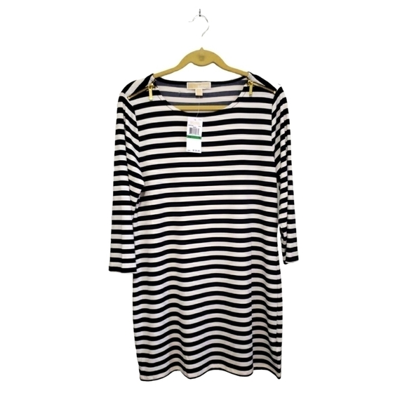 NWT Michael Kors Black White Striped 3/4 Sleeve Mini Dress, Size L